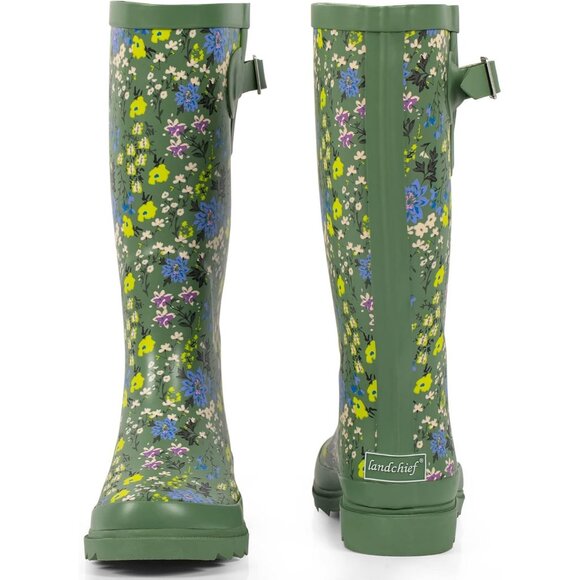 Women's Blossom Green Waterproof Tall Knee High Rubber landchief Rain Boot - Picture 5 of 6